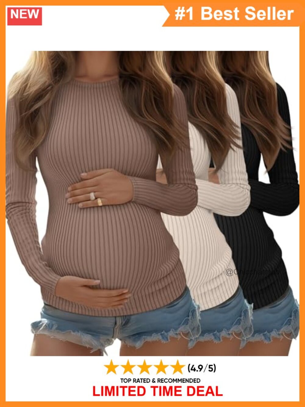 3 Pack Maternity Ribbed Long Sleeve Tunic Shirts Crew Neck Knit Pullover